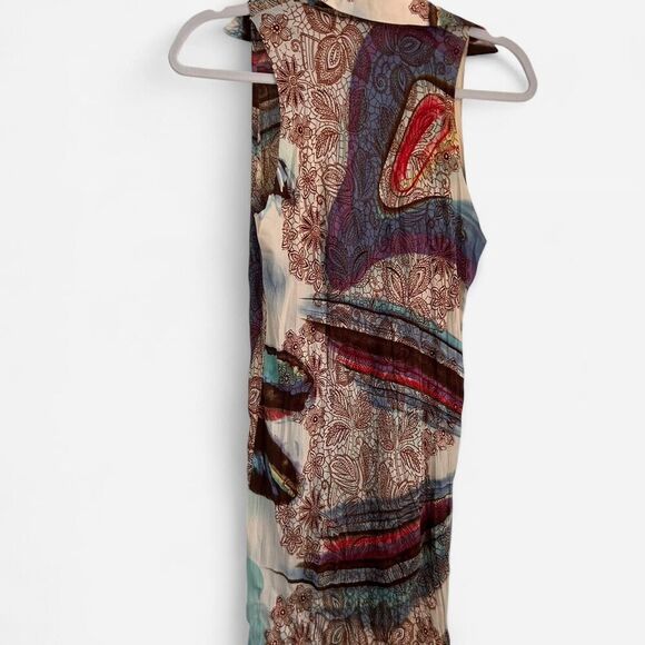 Vintage 2000s unique Sheer Boho Print Dress – Funky Retro Swirl Graphics M - Picture 6 of 8